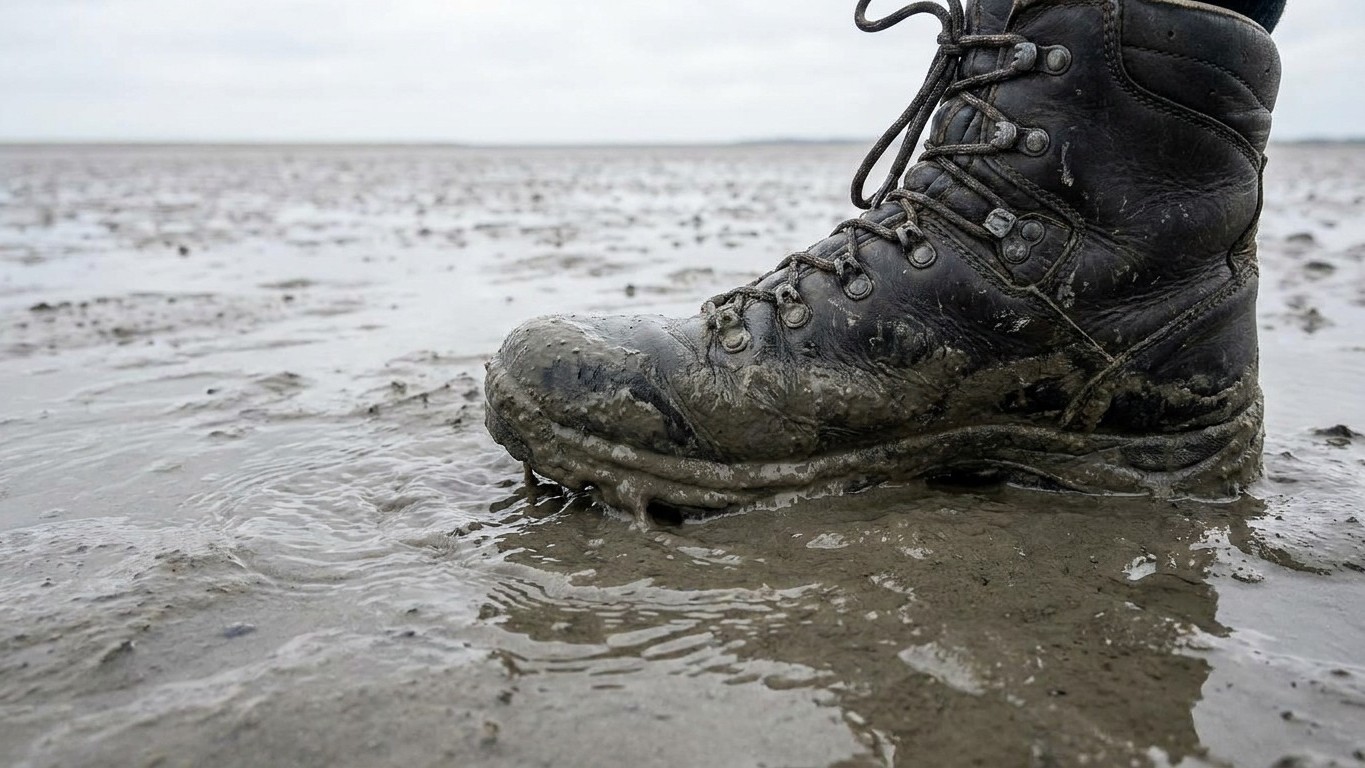 Ik liep bij eb de Baie de Somme op naar de overkant, gewoon op mijn eigen gevoel: halverwege zakte mijn rechtervoet weg en...