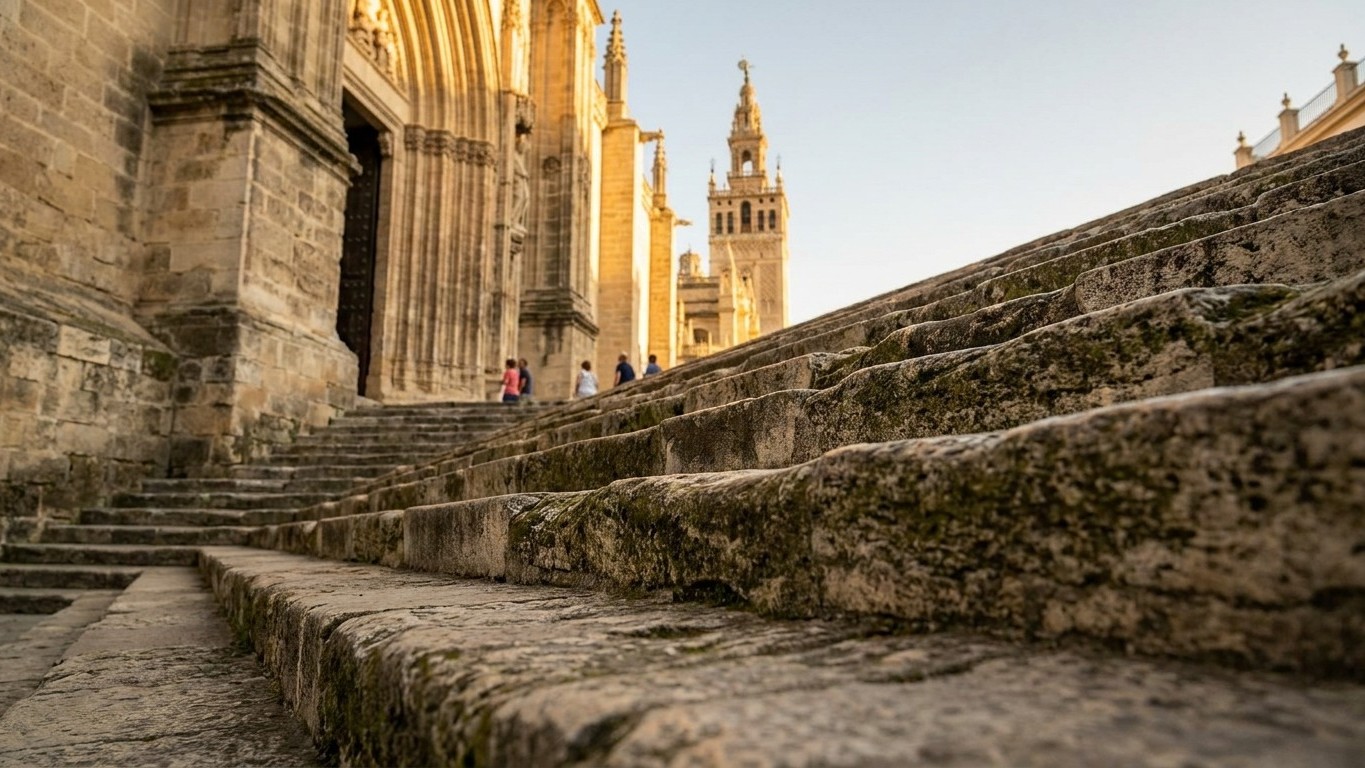 We blijven allemaal maar onze broodjes opeten op de trappen van de kathedraal van Sevilla, terwijl juist dat ene gebaar je...